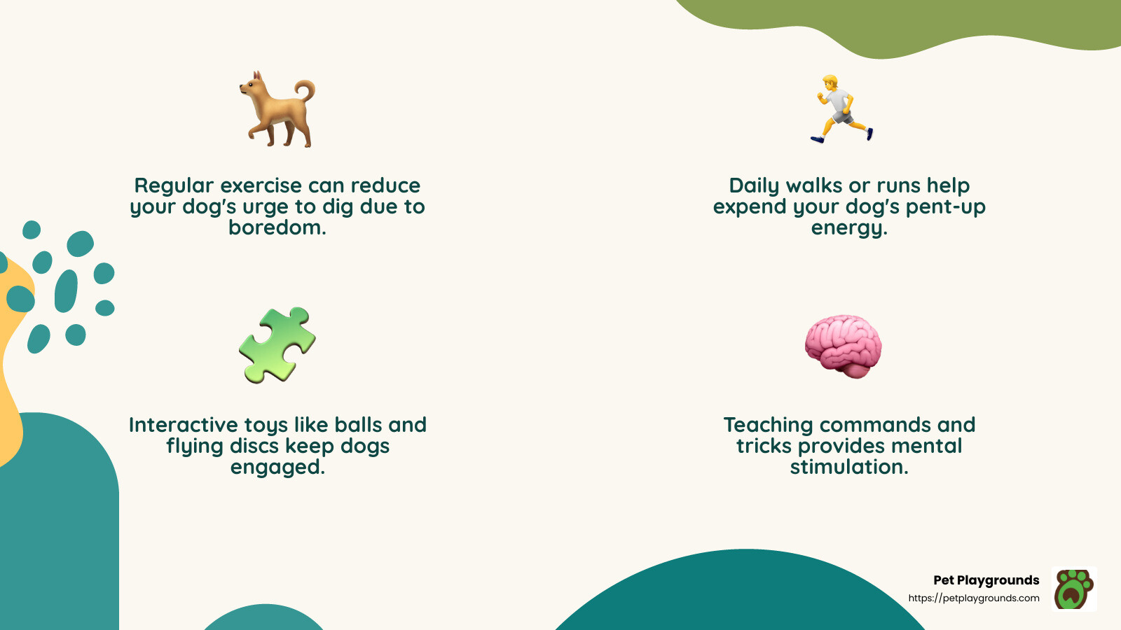 Dogs need exercise to reduce digging - how to stop your dog from digging in the backyard infographic 4_facts_emoji_nature