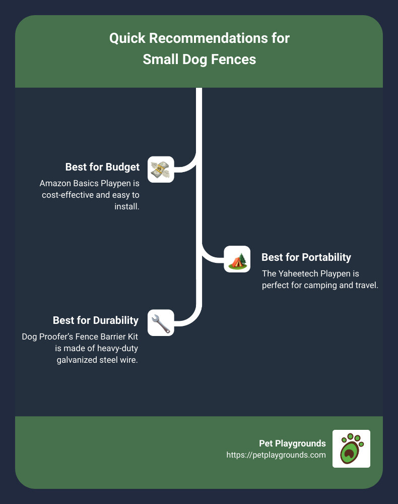 Quick recommendations for small dog fences: Amazon Basics Playpen, Yaheetech Playpen, Dog Proofer’s Fence Barrier Kit, DIY Freestanding Dog Fence - small dog fence infographic infographic-line-3-steps Quick recommendations for small dog fences: Amazon Basics Playpen, Yaheetech Playpen, Dog Proofer’s Fence Barrier Kit, DIY Freestanding Dog Fence - small dog fence infographic infographic-line-3-steps
