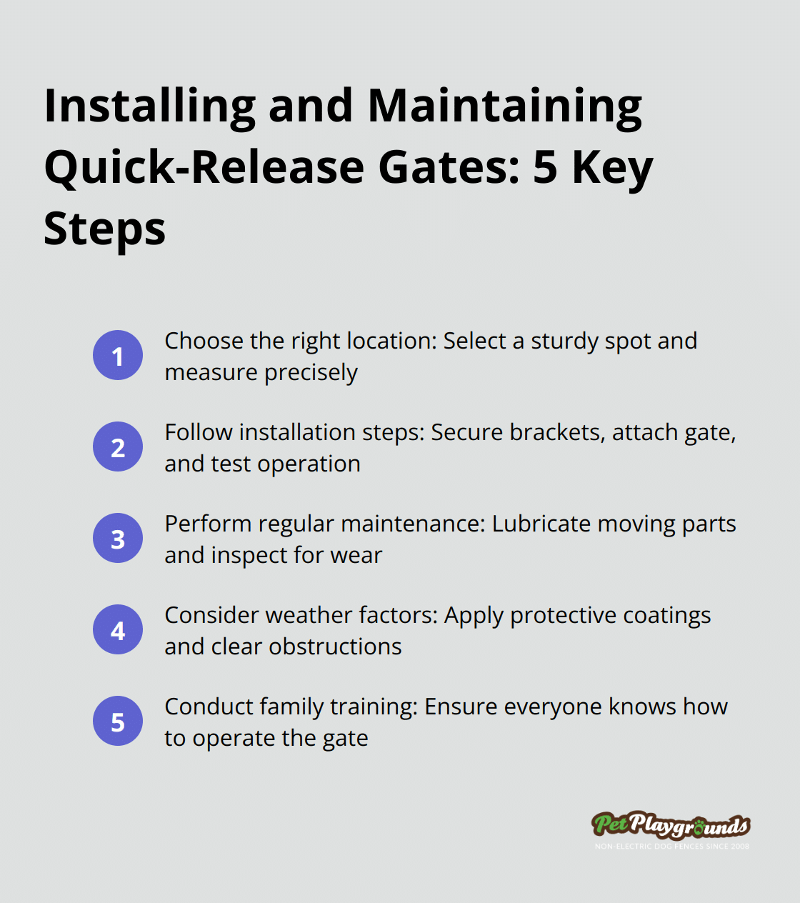 An ordered list of 5 key steps for installing and maintaining quick-release gates, including choosing the right location, following installation steps, performing regular maintenance, considering weather factors, and conducting family training. - Emergency access