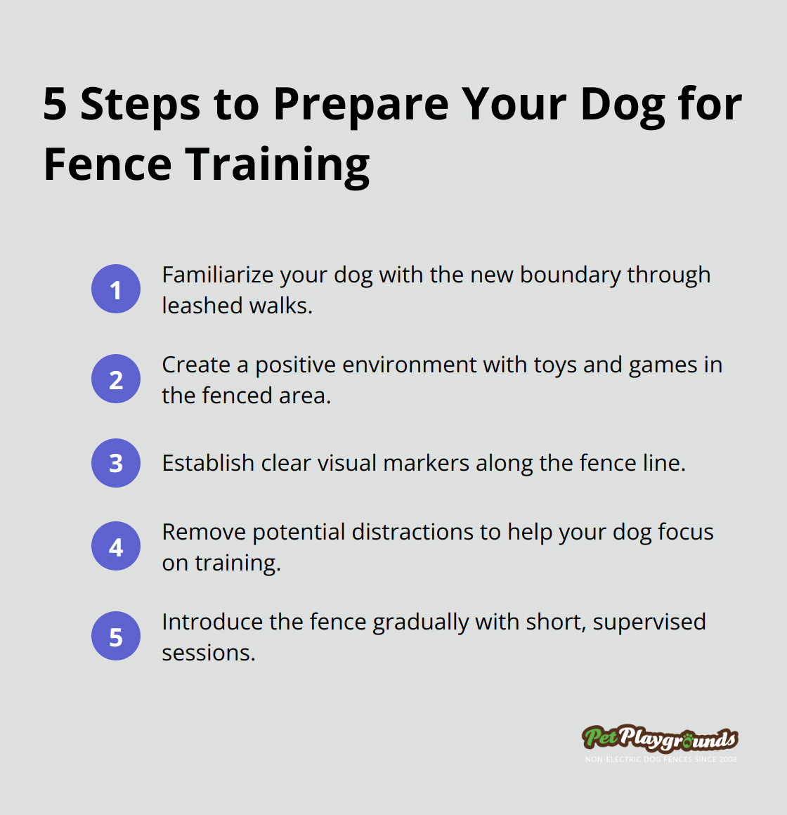 A list of 5 steps to prepare a dog for fence training: familiarize with boundary, create positive environment, establish visual markers, remove distractions, and introduce fence gradually.