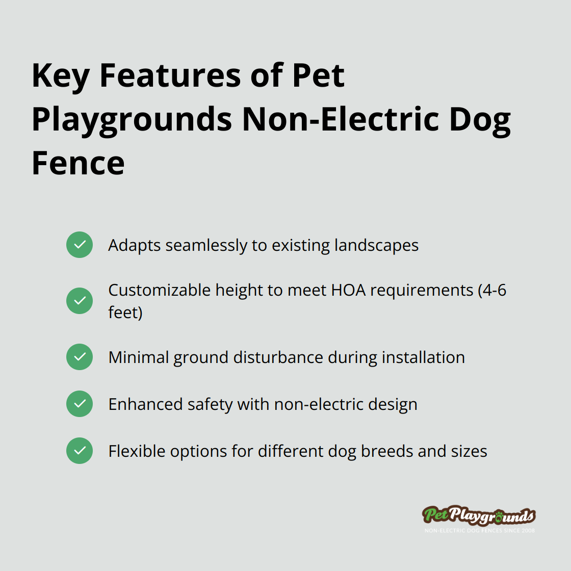 Checklist of key features of Pet Playgrounds Non-Electric Dog Fence including adaptability, customizable height, minimal ground disturbance, enhanced safety, and flexibility for various needs - Neighborhood regulations