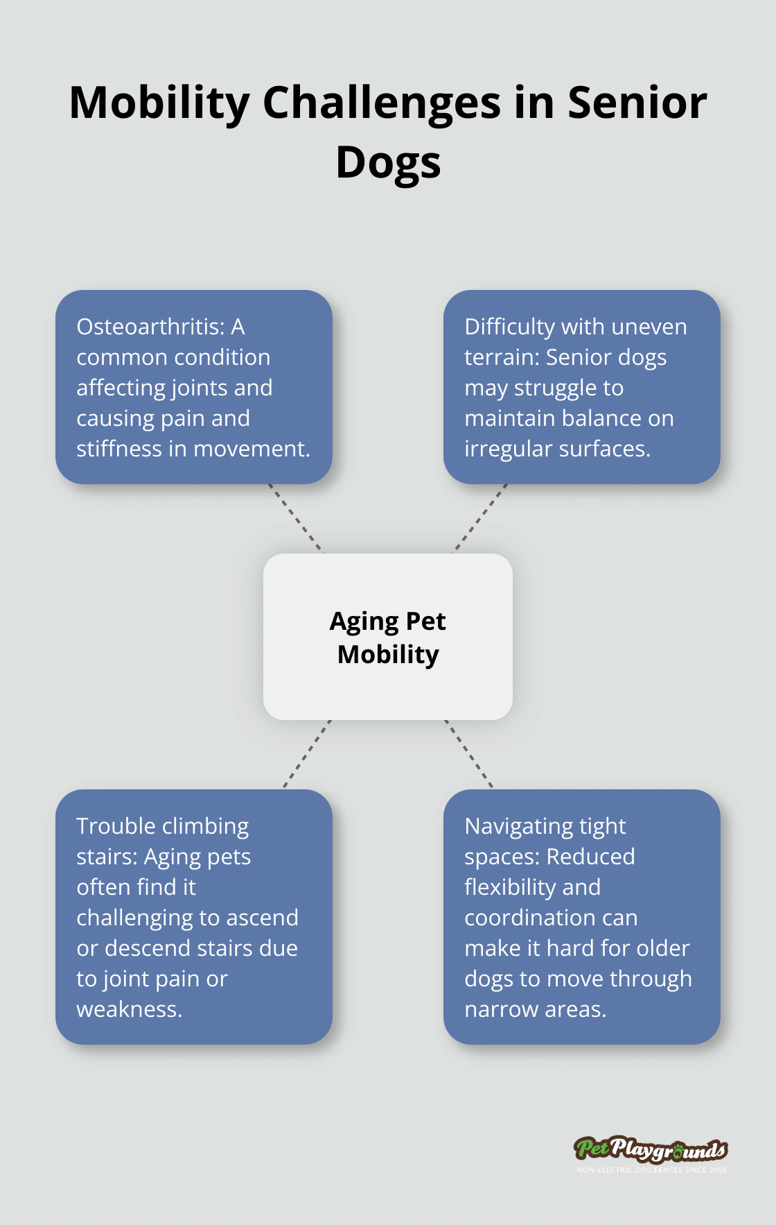 A hub and spoke chart illustrating common mobility challenges faced by senior dogs, including osteoarthritis, difficulty with uneven terrain, trouble climbing stairs, and navigating tight spaces. - Senior pet safety