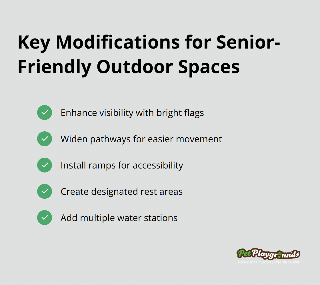 A checkmark list chart showing five key modifications for creating senior-friendly outdoor spaces: enhancing visibility, widening pathways, installing ramps, creating rest areas, and adding water stations.