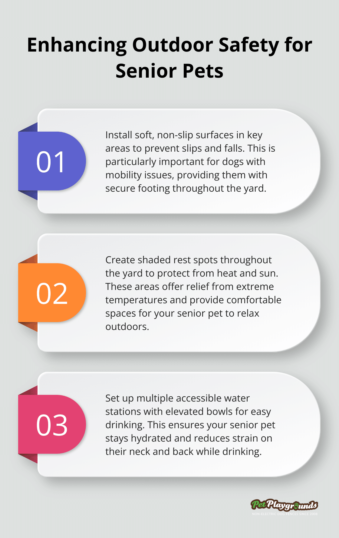 An ordered list chart outlining three key ways to enhance outdoor safety for senior pets: installing non-slip surfaces, creating shaded rest spots, and setting up accessible water stations. - Senior pet safety