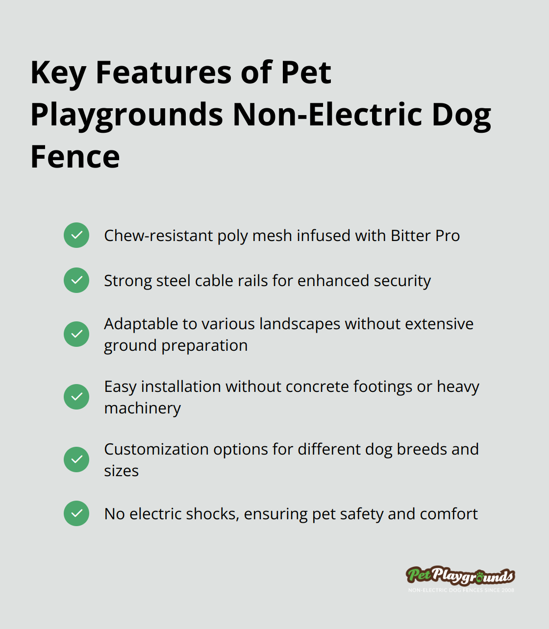Checkmark list highlighting six key features of Pet Playgrounds Non-Electric Dog Fence: chew-resistant materials, enhanced security, adaptability to challenging terrains, user-friendly installation, customization options, and no electric shocks. - Terrain mapping