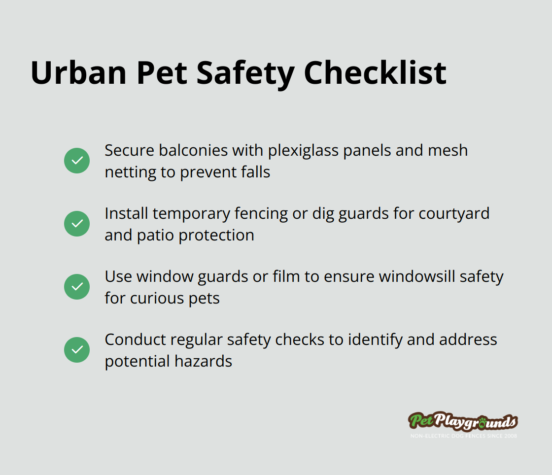 A checklist of four key areas to secure for urban pet safety: balconies, courtyards/patios, windowsills, and regular safety checks. - Urban solutions