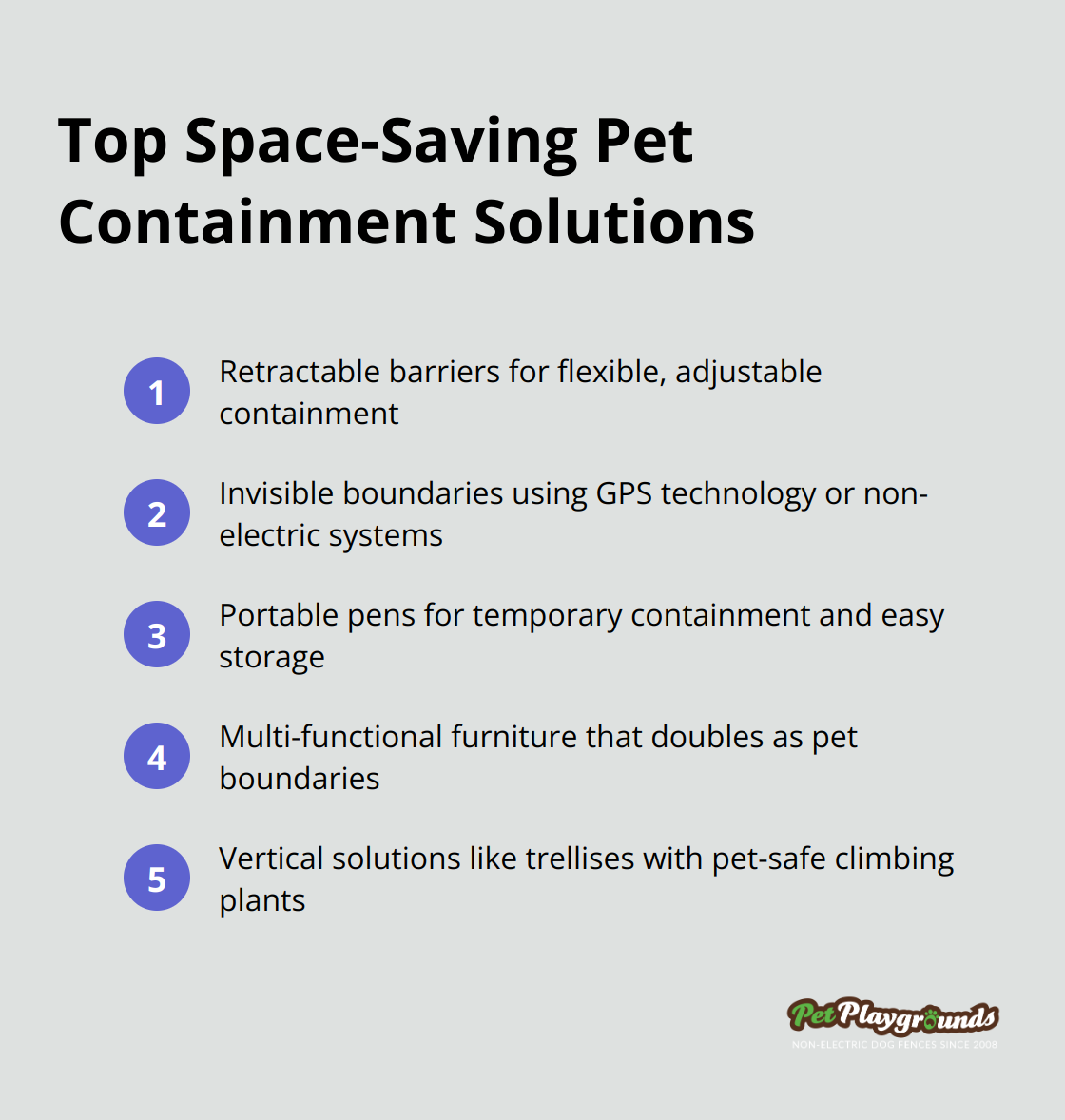 An ordered list of five space-saving pet containment solutions: retractable barriers, invisible boundaries, portable pens, multi-functional furniture, and vertical solutions. - Urban solutions